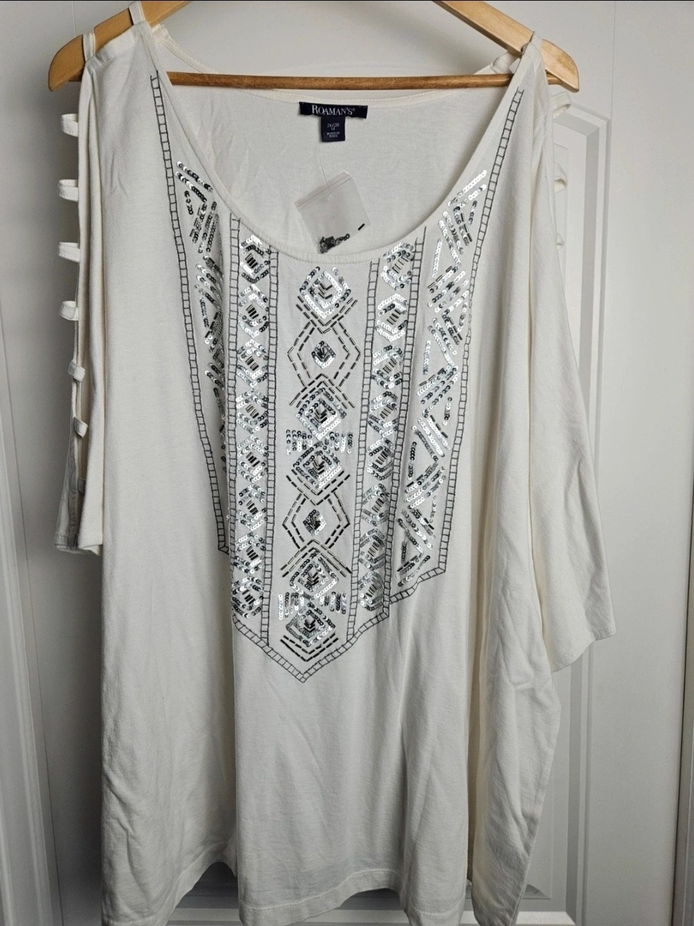 Roaman's White Embellished Cold-Shoulder Tunic